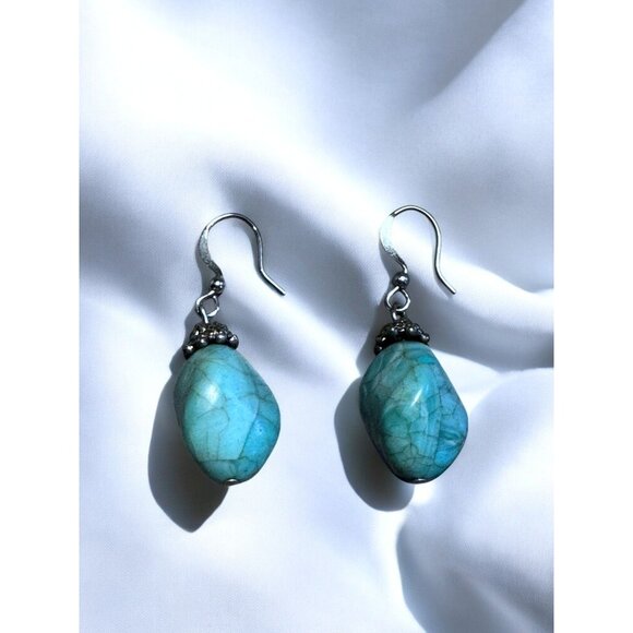 Turquoise Style Drop Earrings With Silver Accents Handcrafted Vintage Design - Picture 1 of 7